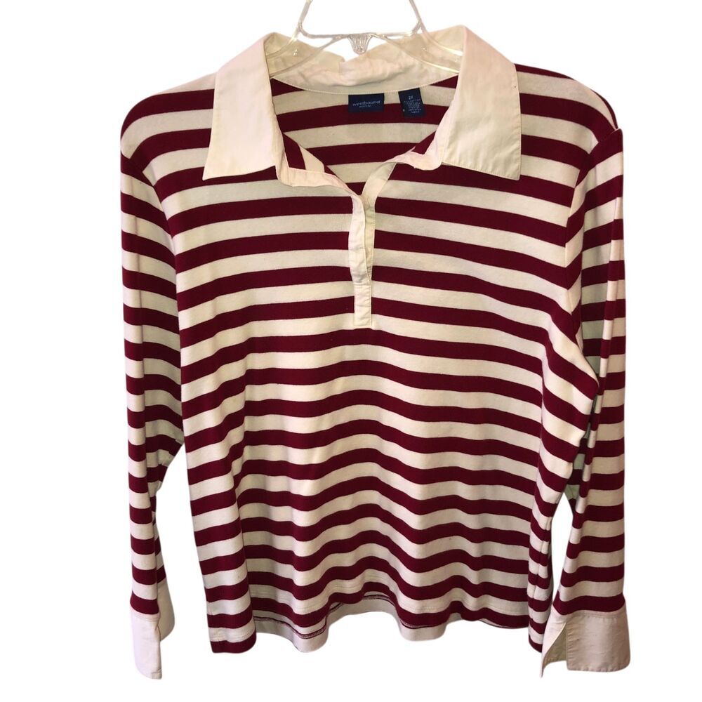 Westbound Womens Size 2X Red Striped Long Sleeve Collared Polo Shirt Top